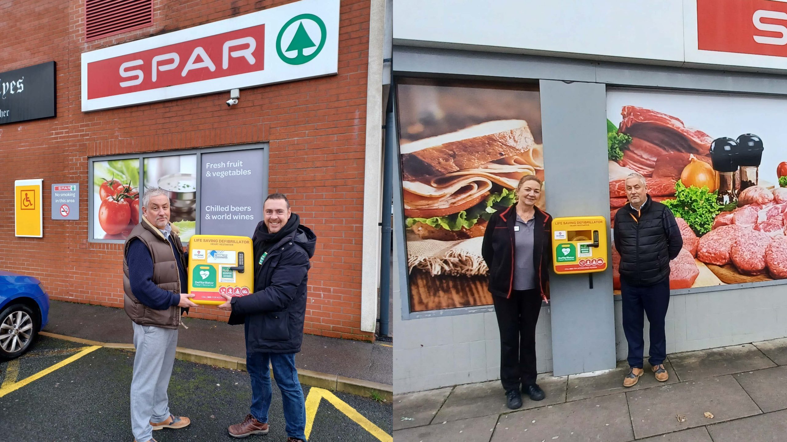 Mark Layton, Area Manager at James Hall & Co. Ltd, with members of the Southport Saviours improving defibrillator access at SPAR Roe Lane and SPAR Cambridge Road in Southport.
