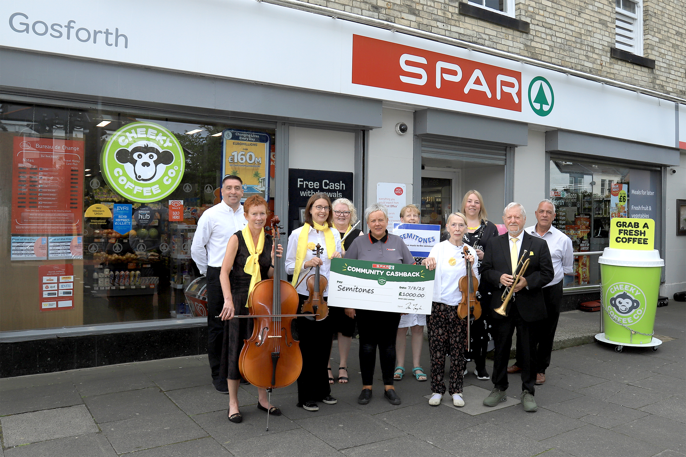 SPAR Community Cashback Semitones Members of Semitones attend SPAR Salters Road in Gosforth where they assembled alongside the store team with their instruments to receive the SPAR Community Cashback cheque.