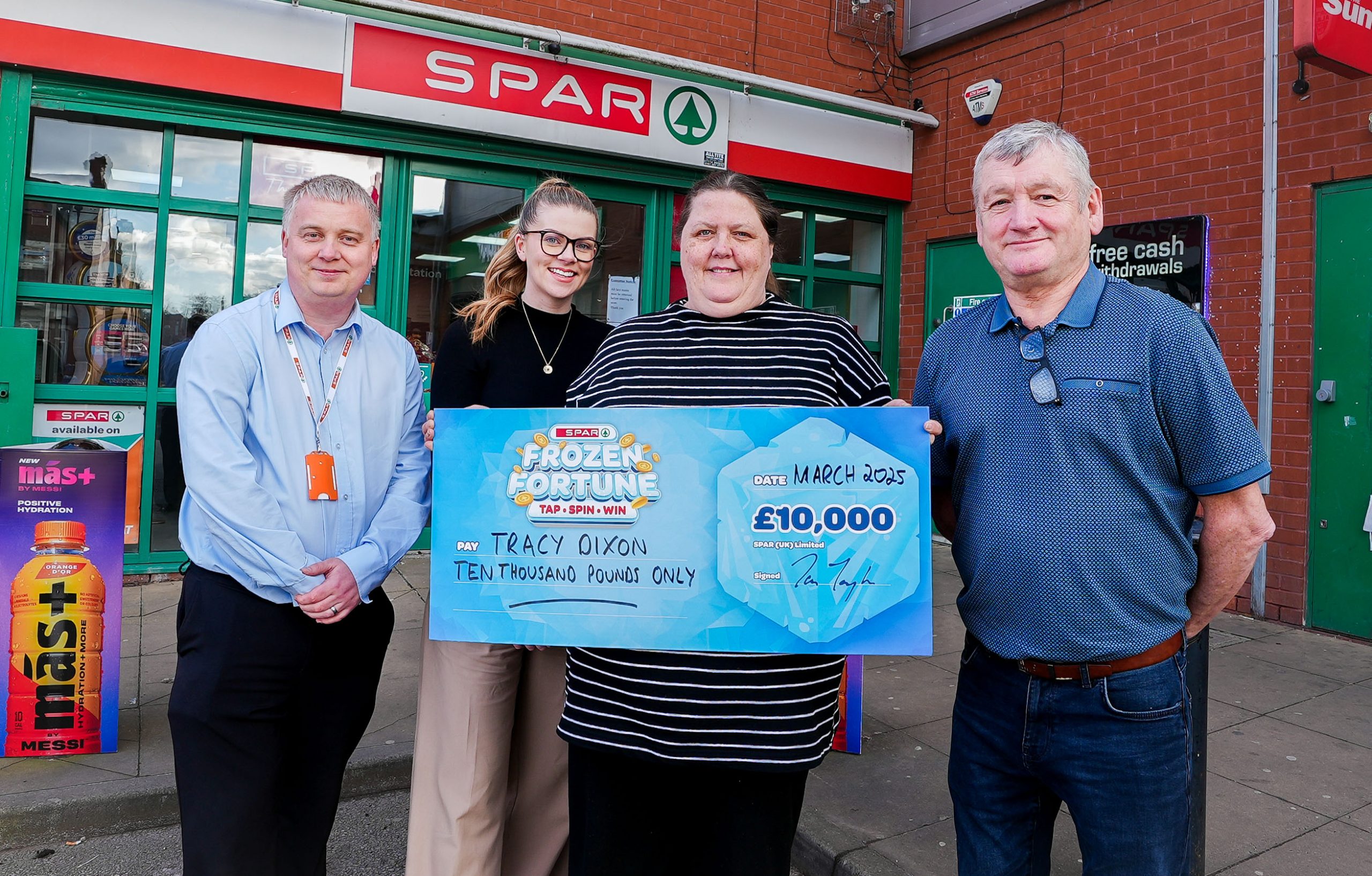 SPAR Frozen Fortune £10k winner - Tracy Dixon, SPAR Poets Corner, Salford 1 • Tracy Dixon was congratulated at SPAR Poets Corner in Salford by SPAR independent retailer Mark Cleary and Marketing Manager Philippa Harrington from James Hall & Co. Ltd.
