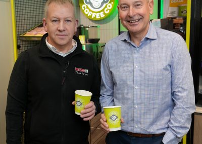 SPAR independent retailer Phil Bridge endorsing Cheeky Coffee with Peter Dodding, James Hall & Co. Ltd