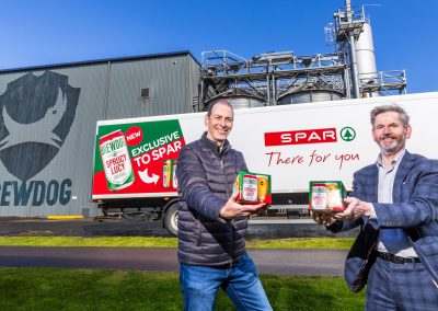 SPAR x BrewDog Sprucy Lucy. Mark Spalding, Senior Trading Manager at CJ Lang & Son Ltd (SPAR Scotland) with Richard Garden, National Account Manager at BrewDog