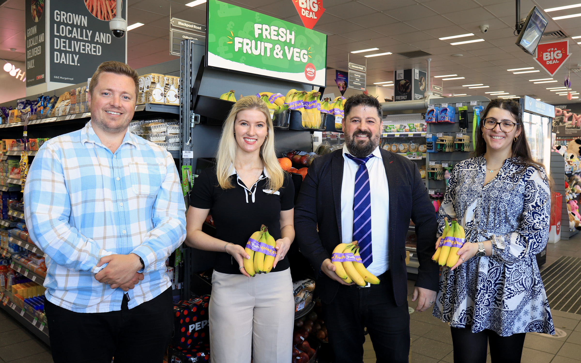 Trudi's x SPAR James Hall Toni Direito, Sales Manager at Fyffes Group Ltd (centre right) with (from l-r) Wilf Whittle, Trading Controller; Natasha Pim, Trading Assistant; and Aishah Ibrahim, Trading Manager, all James Hall & Co. Ltd.